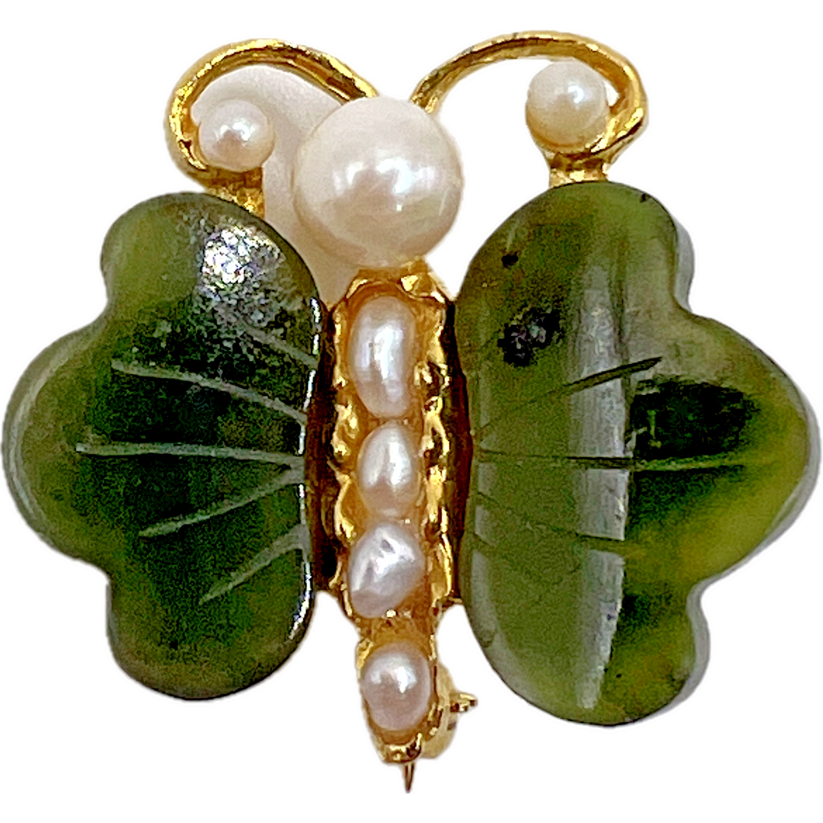 Jade Green And Gold Butterfly Brooch